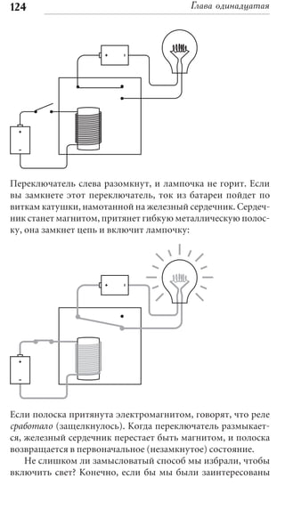 124                                    Глава одинадцатая




Переключатель слева разомкнут, и лампочка не горит. Если
вы замкнете этот переключатель, ток из батареи пойдет по
виткам катушки, намотанной на железный сердечник. Сердеч-
ник станет магнитом, притянет гибкую металлическую полос-
ку, она замкнет цепь и включит лампочку:




Если полоска притянута электромагнитом, говорят, что реле
сработало (защелкнулось). Когда переключатель размыкает-
ся, железный сердечник перестает быть магнитом, и полоска
возвращается в первоначальное (незамкнутое) состояние.
    Не слишком ли замысловатый способ мы избрали, чтобы
включить свет? Конечно, если бы мы были заинтересованы
 