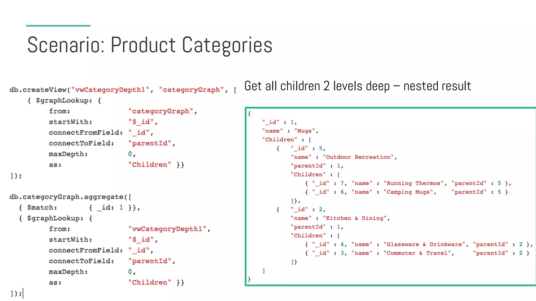 Scenario: Product Categories
Get all children 2 levels deep – nested result
 