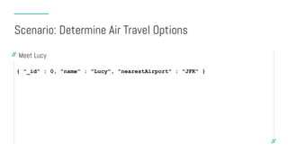 Scenario: Determine Air Travel Options
Meet Lucy
{ "_id" : 0, "name" : "Lucy", "nearestAirport" : "JFK" }
 