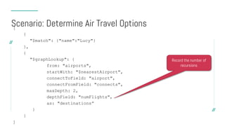 [
{
"$match": {"name":"Lucy"}
},
{
"$graphLookup": {
from: "airports",
startWith: "$nearestAirport",
connectToField: "airport",
connectFromField: "connects",
maxDepth: 2,
depthField: "numFlights",
as: "destinations”
}
}
]
Scenario: Determine Air Travel Options
Record the number of
recursions
 