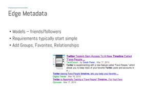 Edge Metadata
• Models – friends/followers
• Requirements typically start simple
• Add Groups, Favorites, Relationships
 