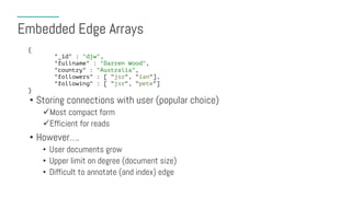 Embedded Edge Arrays
• Storing connections with user (popular choice)
üMost compact form
üEfficient for reads
• However….
• User documents grow
• Upper limit on degree (document size)
• Difficult to annotate (and index) edge
{
"_id" : "djw",
"fullname" : "Darren Wood",
"country" : "Australia",
"followers" : [ "jsr", "ian"],
"following" : [ "jsr", "pete"]
}
 
