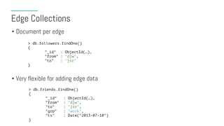 Edge Collections
• Document per edge
• Very flexible for adding edge data
> db.followers.findOne()
{
"_id" : ObjectId(…),
"from" : "djw",
"to" : "jsr"
}
> db.friends.findOne()
{
"_id" : ObjectId(…),
"from" : "djw",
"to" : "jsr",
"grp" : "work",
"ts" : Date("2013-07-10")
}
 