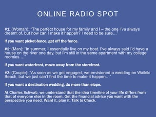 ONLINE RADIO SPOT

#1: (Woman): ―The perfect house for my family and I – the one I’ve always
dreamt of, but how can I make it happen? I need to be sure…‖
If you want picket-fence, get off the fence.
#2: (Man): ―In summer, I essentially live on my boat. I’ve always said I’d have a
house on the river one day, but I’m still in the same apartment with my college
roomies….‖
If you want waterfront, move away from the storefront.
#3: (Couple): ―As soon as we got engaged, we envisioned a wedding on Waikiki
Beach, but we just can’t find the time to make it happen…‖
If you want a destination wedding, do more than elope.
At Charles Schwab, we understand that the idea timeline of your life differs from
that of everyone else in the room. Get the financial advice you want with the
perspective you need. Want it, plan it, Talk to Chuck.
 