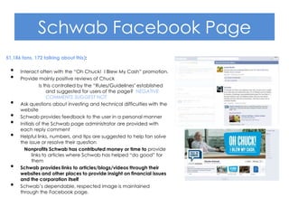 Schwab Facebook Page
51,186 fans, 172 talking about this):

  •   Interact often with the “Oh Chuck! I Blew My Cash” promotion.
  •   Provide mainly positive reviews of Chuck
                Is this controlled by the “Rules/Guidelines" established
                    and suggested for users of the page? NEGATIVE
                    COMMENTS SUGGEST NOT
  •   Ask questions about investing and technical difficulties with the
      website
  •   Schwab provides feedback to the user in a personal manner
  •   Initials of the Schwab page administrator are provided with
      each reply comment
  •   Helpful links, numbers, and tips are suggested to help fan solve
      the issue or resolve their question
        Nonprofits Schwab has contributed money or time to provide
            links to articles where Schwab has helped “do good” for
            them
  •   Schwab provides links to articles/blogs/videos through their
      websites and other places to provide insight on financial issues
      and the corporation itself
  •   Schwab‟s dependable, respected image is maintained
      through the Facebook page.
 