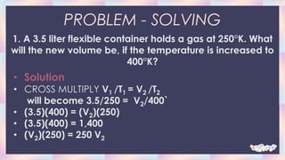 PROBLEM - SOLVING
1. A 3.5 liter flexible container holds a gas at 250°K. What
will the new volume be, if the temperature is increased to
400°K?
• Solution
• CROSS MULTIPLY V1 /T1 = V2 /T2
will become 3.5/250 = V2/400`
• (3.5)(400) = (V2)(250)
• (3.5)(400) = 1,400
• (V2)(250) = 250 V2
 