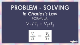 PROBLEM - SOLVING
in Charles’s Law
FORMULA:
V1 / T1 = V2/T2
 