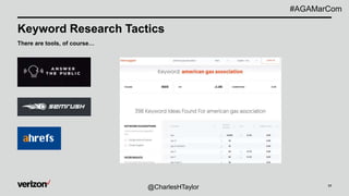 17
Keyword Research Tactics
There are tools, of course…
@CharlesHTaylor
#AGAMarCom
 