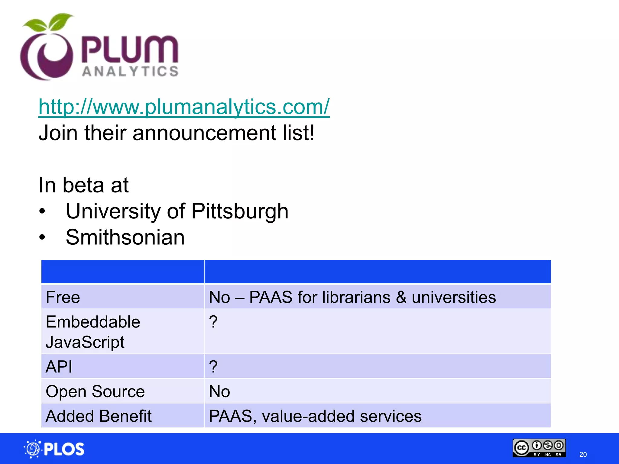 http://www.plumanalytics.com/
Join their announcement list!

In beta at
• University of Pittsburgh
• Smithsonian

Free             No – PAAS for librarians & universities
Embeddable       ?
JavaScript
API              ?
Open Source      No
Added Benefit    PAAS, value-added services

                                                           20
 