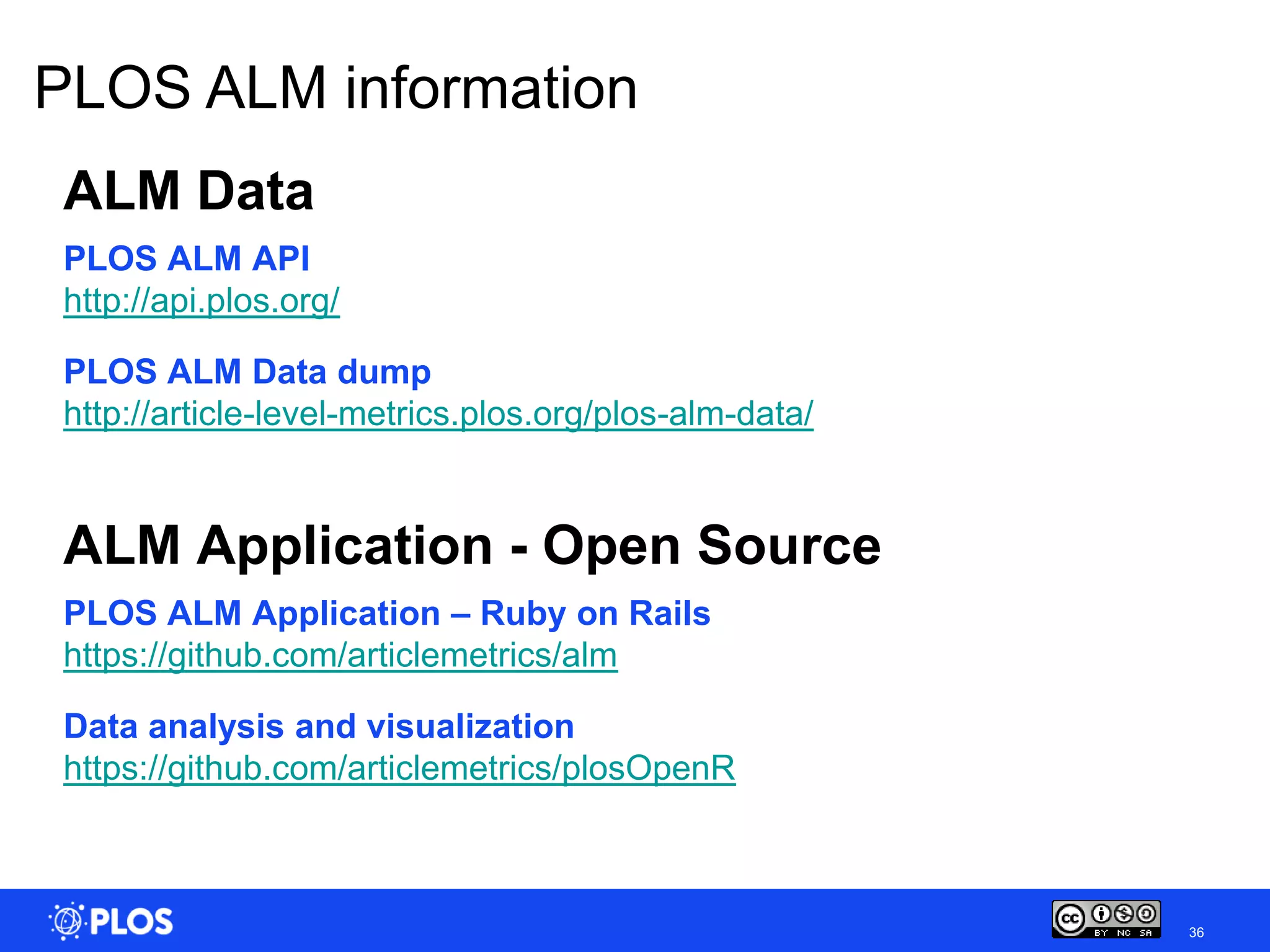 PLOS ALM information
ALM Data
PLOS ALM API
http://api.plos.org/

PLOS ALM Data dump
http://article-level-metrics.plos.org/plos-alm-data/



ALM Application - Open Source
PLOS ALM Application – Ruby on Rails
https://github.com/articlemetrics/alm

Data analysis and visualization
https://github.com/articlemetrics/plosOpenR



                                                       36
 