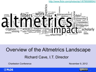 http://www.flickr.com/photos/ajc1/6795008004//




                                     Article-Level Metrics

Overview of the Altmetrics Landscape
               Richard Cave, I.T. Director
 Charleston Conference                          November 9, 2012

                                                                     1
 