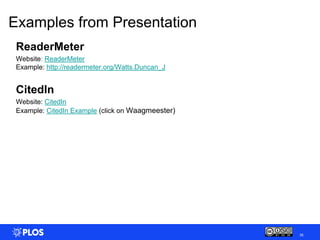 Examples from Presentation
 ReaderMeter
 Website: ReaderMeter
 Example: http://readermeter.org/Watts.Duncan_J


 CitedIn
 ...