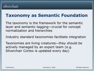 Taxonomy as Semantic FoundationThe taxonomy is the framework for the semantic layer and semantic tagging—crucial for concept normalization and hierarchiesIndustry standard taxonomies facilitate integrationTaxonomies are living creatures—they should be actively managed by an expert team (e.g. Silverchair Cortex is updated every day)