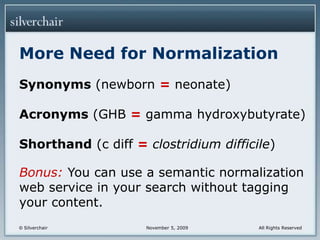 More Need for NormalizationSynonyms (newborn = neonate)Acronyms (GHB = gamma hydroxybutyrate)Shorthand (c diff =clostridium difficile)Bonus:You can use a semantic normalization web service in your search without tagging your content.