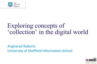 Exploring concepts of
‘collection’ in the digital world

Angharad Roberts
University of Sheffield Information School
 