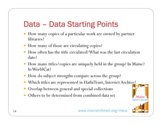Data – Data Starting Points
 How many copies of a particular work are owned by partner








14

libraries?
How ...