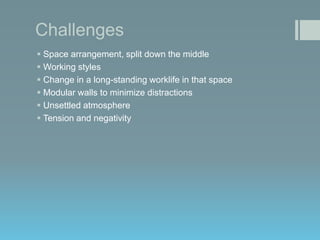 Challenges
 Space arrangement, split down the middle
 Working styles
 Change in a long-standing worklife in that space
 Modular walls to minimize distractions
 Unsettled atmosphere
 Tension and negativity

 