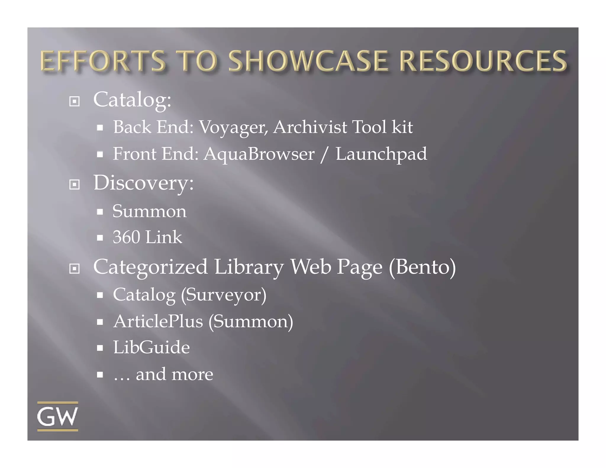 ¨ 

Catalog:
¡ 
¡ 

¨ 

Discovery:
¡ 
¡ 

¨ 

Back End: Voyager, Archivist Tool kit
Front End: AquaBrowser / Launchpad
Summon
360 Link

Categorized Library Web Page (Bento)
¡ 
¡ 
¡ 
¡ 

Catalog (Surveyor)
ArticlePlus (Summon)
LibGuide
… and more

 