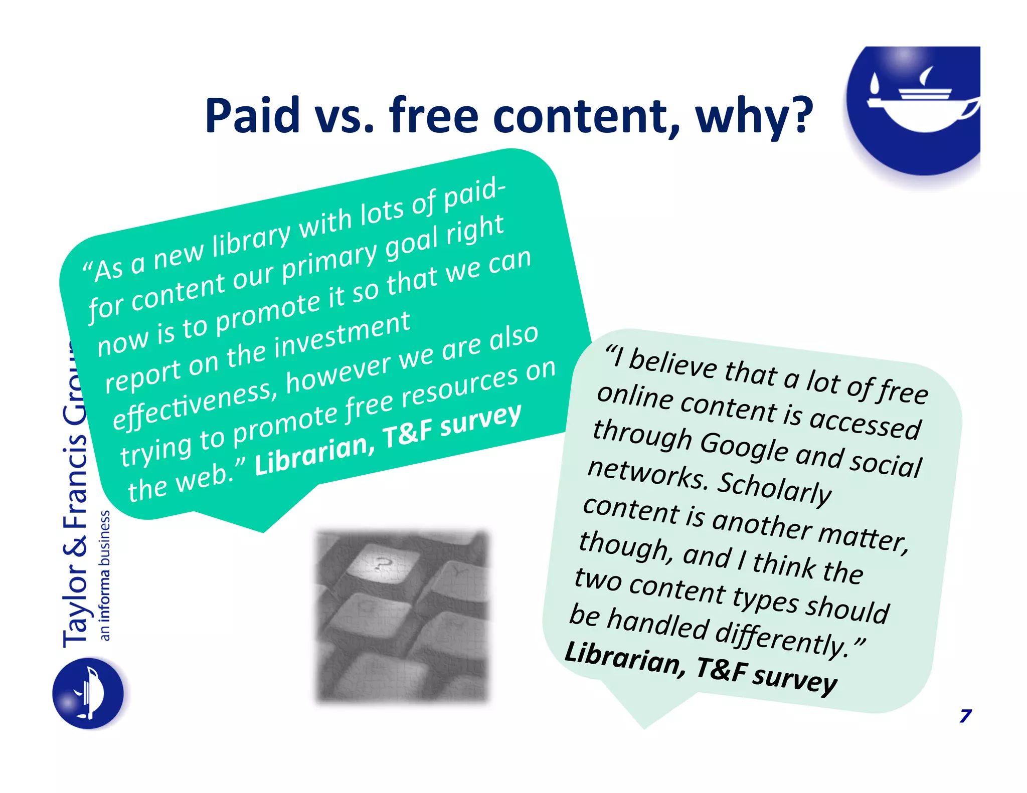  	
  	
  	
  	
  Paid	
  vs.	
  free	
  content,	
  why?	
  	
  	
  	
  	
  
f	
  paid-­‐
	
  o
th	
  lots l	
  right	
  
i
rary	
  w ry	
  goa
	
  lib
n	
  
a	
  new our	
  prima
	
  we	
  ca
“As	
  
t
	
  so	
  tha
ntent	
  
	
  it
for	
  co
omote
r
	
  
	
  is	
  to	
  p 	
  investment are	
  also	
  
now
	
  on	
  the owever	
  we	
   ces	
  on	
  
r
report ness,	
  h
	
  resou y
e
ﬀec.v romote	
  free F	
  surve
e
p
ing	
  to	
   ibrarian,	
  T&
try
eb.”	
  L
the	
  w

“I	
  believe	
  t
hat	
  a	
  lot	
  o
f	
  free	
  
online	
  con
tent	
  is	
  acc
essed	
  
through	
  G
oogle	
  and	
  
social	
  
networks.	
  
Scholarly	
  
content	
  is	
  
another	
  m
aJer,	
  
though,	
  an
d	
  I
two	
  conten 	
  think	
  the	
  
t	
  types	
  sho
uld	
  
be	
  handled
	
  diﬀerently
.”	
  
Librarian,	
  
T&F	
  surve
y	
  
7

 