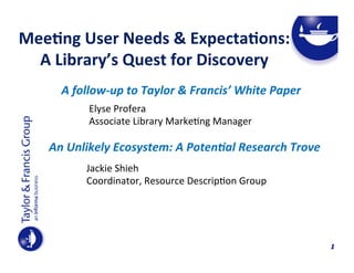  
	
  

Mee$ng	
  User	
  Needs	
  &	
  Expecta$ons:	
  
A	
  Library’s	
  Quest	
  for	
  Discovery	
  
A	
  follow-­‐up	
  to	
  Taylor	
  &	
  Francis’	
  White	
  Paper	
  
Elyse	
  Profera	
  
Associate	
  Library	
  Marke4ng	
  Manager	
  

An	
  Unlikely	
  Ecosystem:	
  A	
  Poten?al	
  Research	
  Trove	
  
Jackie	
  Shieh	
  
Coordinator,	
  Resource	
  Descrip4on	
  Group	
  

1

 