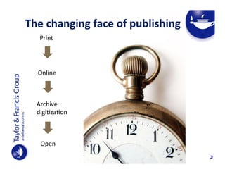 The	
  changing	
  face	
  of	
  publishing	
  
Print	
  

Online	
  

Archive	
  
digi4za4on	
  

Open	
  
3

 
