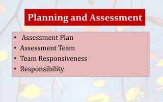 Planning and Assessment
• Assessment Plan
• Assessment Team
• Team Responsiveness
• Responsibility
 