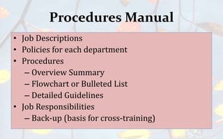 Procedures Manual
• Job Descriptions
• Policies for each department
• Procedures
– Overview Summary
– Flowchart or Bulleted List
– Detailed Guidelines
• Job Responsibilities
– Back-up (basis for cross-training)
 