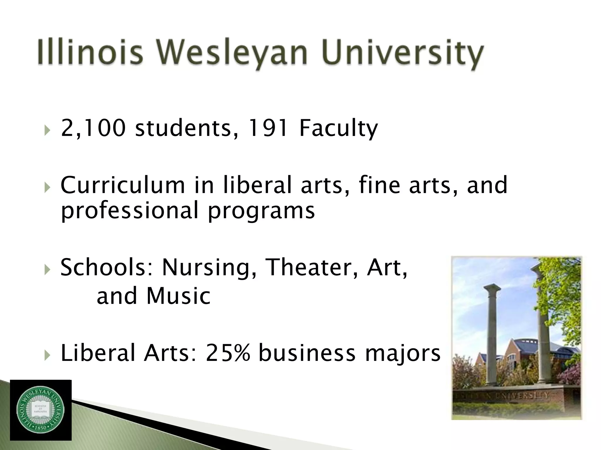    2,100 students, 191 Faculty

   Curriculum in liberal arts, fine arts, and
    professional programs

   Schools: Nursing, Theater, Art,
       and Music

   Liberal Arts: 25% business majors
 