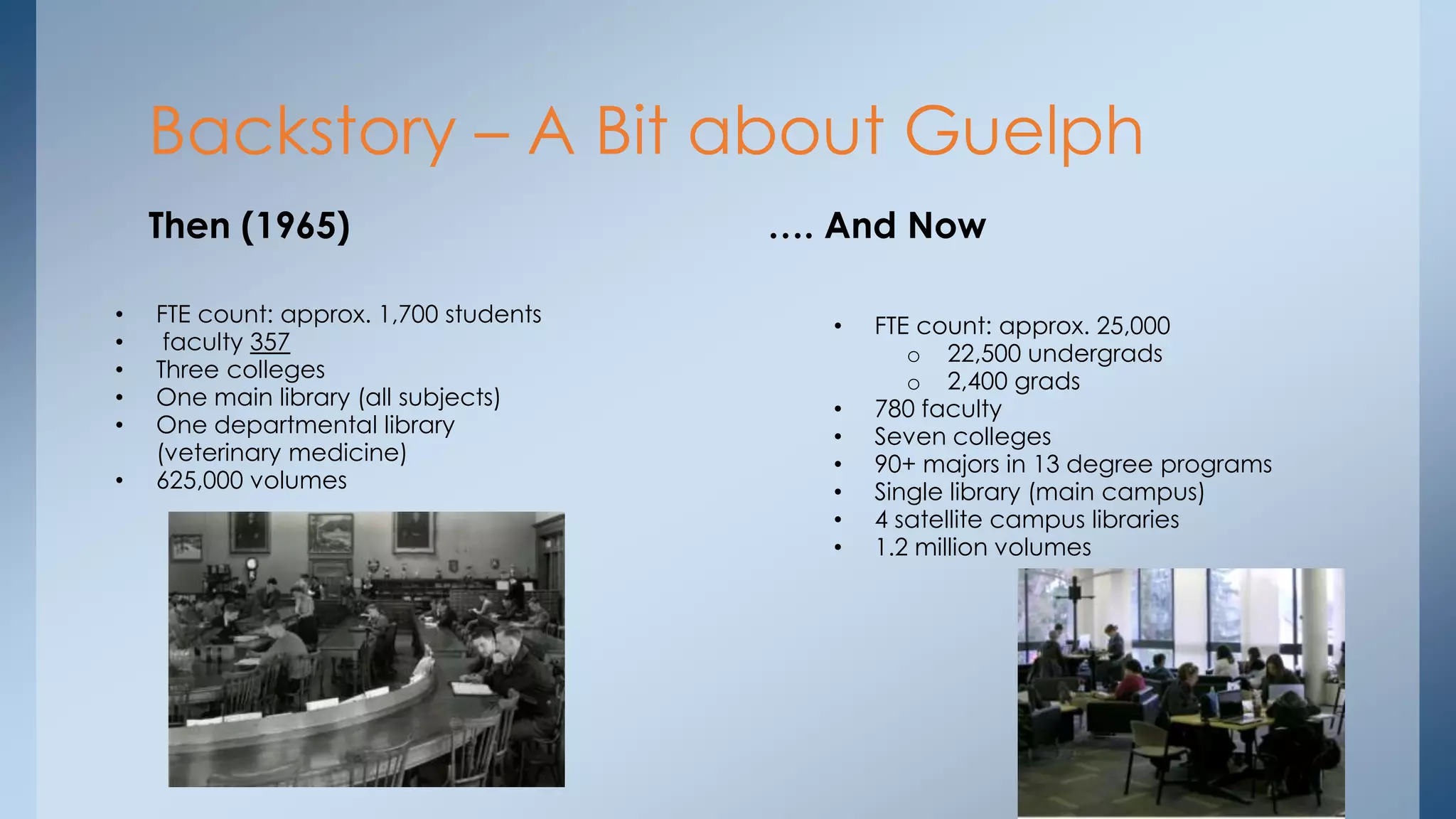 Backstory – A Bit about Guelph
Then (1965)
•
•
•
•
•
•

FTE count: approx. 1,700 students
faculty 357
Three colleges
One main library (all subjects)
One departmental library
(veterinary medicine)
625,000 volumes

…. And Now
•
•
•
•
•
•
•

FTE count: approx. 25,000
o 22,500 undergrads
o 2,400 grads
780 faculty
Seven colleges
90+ majors in 13 degree programs
Single library (main campus)
4 satellite campus libraries
1.2 million volumes

 