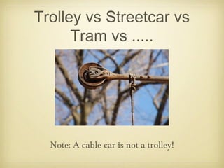 Trolley vs Streetcar vs
Tram vs .....
Note: A cable car is not a trolley!
 