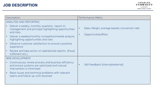 JOB DESCRIPTION
Description: Performance Metric
ANALYSIS AND REPORTING
• Deliver a weekly, monthly, quarterly report to
management and principal highlighting opportunities
and risks.
• Deliver a weekly/monthly competitor/market analysis
highlighting opportunities and risks
• Observe customer satisfaction to ensure a positive
experience
• Review and take action on operational reports (fraud,
fulfilment etc.)
• Sales, Margin, average basket, conversion rate
• Opportunities/Risks
WEB DEVELOPMENT
• Continuously review process and business efficiency
and ensure systems are optimized and manual
intervention is minimized
• Raise issues and technical problems with relevant
teams and follow up until resolved
• 360 Feedback (internal/external)
 