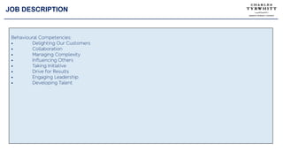 JOB DESCRIPTION
Behavioural Competencies:
• Delighting Our Customers
• Collaboration
• Managing Complexity
• Influencing Others
• Taking Initiative
• Drive for Results
• Engaging Leadership
• Developing Talent
 