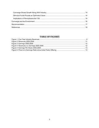 Analyst Opinions- Presents various points and opinions brought up by analysts.  These analysts predict the future status of Comverge.