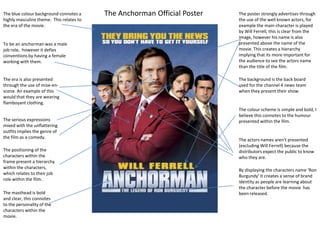 The blue colour background connotes a
highly masculine theme. This relates to
the era of the movie.

To be an anchorman was a male
job role, however it defies
conventions by having a female
working with them.

The era is also presented
through the use of mise-enscene. An example of this
would that they are wearing
flamboyant clothing.
The serious expressions
mixed with the unflattering
outfits implies the genre of
the film as a comedy.
The positioning of the
characters within the
frame present a hierarchy
within the characters,
which relates to their job
role within the film.
The masthead is bold
and clear, this connotes
to the personality of the
characters within the
movie.

The Anchorman Official Poster

The poster strongly advertises through
the use of the well known actors, for
example the main character is played
by Will Ferrell, this is clear from the
image, however his name is also
presented above the name of the
movie. This creates a hierarchy
implying that its more important for
the audience to see the actors name
than the title of the film.
The background is the back board
used for the channel 4 news team
when they present their show.

The colour scheme is simple and bold, I
believe this connotes to the humour
presented within the film.

The actors names aren't presented
(excluding Will Ferrell) because the
distributors expect the public to know
who they are.
By displaying the characters name ‘Ron
Burgundy’ it creates a sense of brand
identity as people are learning about
the character before the movie has
been released.

 