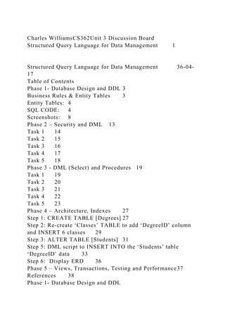 Charles WilliamsCS362Unit 3 Discussion BoardStructured Query Langu.docx ...
