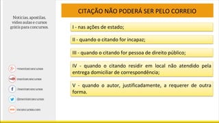 CITAÇÃO NÃO PODERÁ SER PELO CORREIO
I - nas ações de estado;
II - quando o citando for incapaz;
III - quando o citando for pessoa de direito público;
IV - quando o citando residir em local não atendido pela
entrega domiciliar de correspondência;
V - quando o autor, justificadamente, a requerer de outra
forma.
 