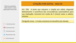 CITAÇÃO POR EDITAL - MULTA
Art. 258. A parte que requerer a citação por edital, alegando
dolosamente a ocorrência das circunstâncias autorizadoras para
sua realização, incorrerá em multa de 5 (cinco) vezes o salário-
mínimo.
Parágrafo único. A multa reverterá em benefício do citando.
 