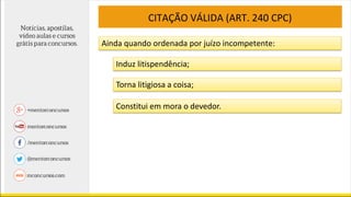 CITAÇÃO VÁLIDA (ART. 240 CPC)
Ainda quando ordenada por juízo incompetente:
Induz litispendência;
Torna litigiosa a coisa;
Constitui em mora o devedor.
 
