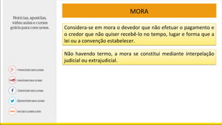 MORA
Considera-se em mora o devedor que não efetuar o pagamento e
o credor que não quiser recebê-lo no tempo, lugar e forma que a
lei ou a convenção estabelecer.
Não havendo termo, a mora se constitui mediante interpelação
judicial ou extrajudicial.
 