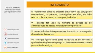IMPEDIMENTO
IV - quando for parte no processo ele próprio, seu cônjuge ou
companheiro, ou parente, consanguíneo ou afim, em linha
reta ou colateral, até o terceiro grau, inclusive;
V - quando for sócio ou membro de direção ou de
administração de pessoa jurídica parte no processo;
VI - quando for herdeiro presuntivo, donatário ou empregador
de qualquer das partes;
VII - em que figure como parte instituição de ensino com a
qual tenha relação de emprego ou decorrente de contrato de
prestação de serviços;
 