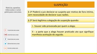SUSPEIÇÃO
§ 1º Poderá o juiz declarar-se suspeito por motivo de foro íntimo,
sem necessidade de declarar suas razões.
§ 2º Será ilegítima a alegação de suspeição quando:
I - houver sido provocada por quem a alega;
II - a parte que a alega houver praticado ato que signifique
manifesta aceitação do arguido.
 