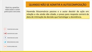 QUANDO NÃO SE ADMITIR A AUTOCOMPOSIÇÃO
Havendo litisconsórcio passivo e o autor desistir da ação em
relação a réu ainda não citado, o prazo para resposta correrá da
data de intimação da decisão que homologar a desistência.
 