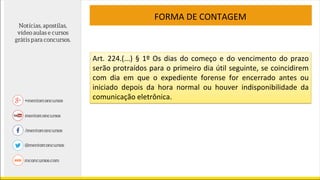 FORMA DE CONTAGEM
Art. 224.(...) § 1º Os dias do começo e do vencimento do prazo
serão protraídos para o primeiro dia útil seguinte, se coincidirem
com dia em que o expediente forense for encerrado antes ou
iniciado depois da hora normal ou houver indisponibilidade da
comunicação eletrônica.
 