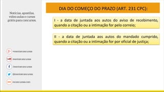 DIA DO COMEÇO DO PRAZO (ART. 231 CPC):
I - a data de juntada aos autos do aviso de recebimento,
quando a citação ou a intimação for pelo correio;
II - a data de juntada aos autos do mandado cumprido,
quando a citação ou a intimação for por oficial de justiça;
 