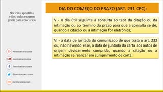 DIA DO COMEÇO DO PRAZO (ART. 231 CPC):
V - o dia útil seguinte à consulta ao teor da citação ou da
intimação ou ao término do prazo para que a consulta se dê,
quando a citação ou a intimação for eletrônica;
VI - a data de juntada do comunicado de que trata o art. 232
ou, não havendo esse, a data de juntada da carta aos autos de
origem devidamente cumprida, quando a citação ou a
intimação se realizar em cumprimento de carta;
 
