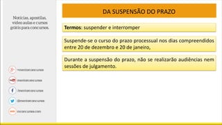 DA SUSPENSÃO DO PRAZO
Termos: suspender e interromper
Suspende-se o curso do prazo processual nos dias compreendidos
entre 20 de dezembro e 20 de janeiro,
Durante a suspensão do prazo, não se realizarão audiências nem
sessões de julgamento.
 