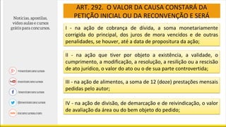 ART. 292. O VALOR DA CAUSA CONSTARÁ DA
PETIÇÃO INICIAL OU DA RECONVENÇÃO E SERÁ
I - na ação de cobrança de dívida, a soma monetariamente
corrigida do principal, dos juros de mora vencidos e de outras
penalidades, se houver, até a data de propositura da ação;
II - na ação que tiver por objeto a existência, a validade, o
cumprimento, a modificação, a resolução, a resilição ou a rescisão
de ato jurídico, o valor do ato ou o de sua parte controvertida;
III - na ação de alimentos, a soma de 12 (doze) prestações mensais
pedidas pelo autor;
IV - na ação de divisão, de demarcação e de reivindicação, o valor
de avaliação da área ou do bem objeto do pedido;
 