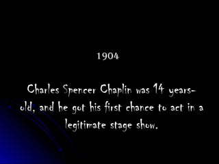 19041904
Charles Spencer Chaplin was 14 years-Charles Spencer Chaplin was 14 years-
old, and he got his first chance to act in aold, and he got his first chance to act in a
legitimate stage show.legitimate stage show.
 