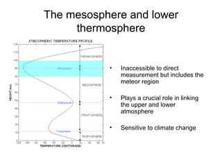 The mesosphere and lower thermosphere Inaccessible to direct measurement but includes the meteor region Plays a crucial role in linking the upper and lower atmosphere Sensitive to climate change 
