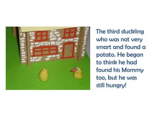The third duckling
who was not very
smart and found a
potato. He began
to think he had
found his Mommy
too, but he was
still hungry!
 